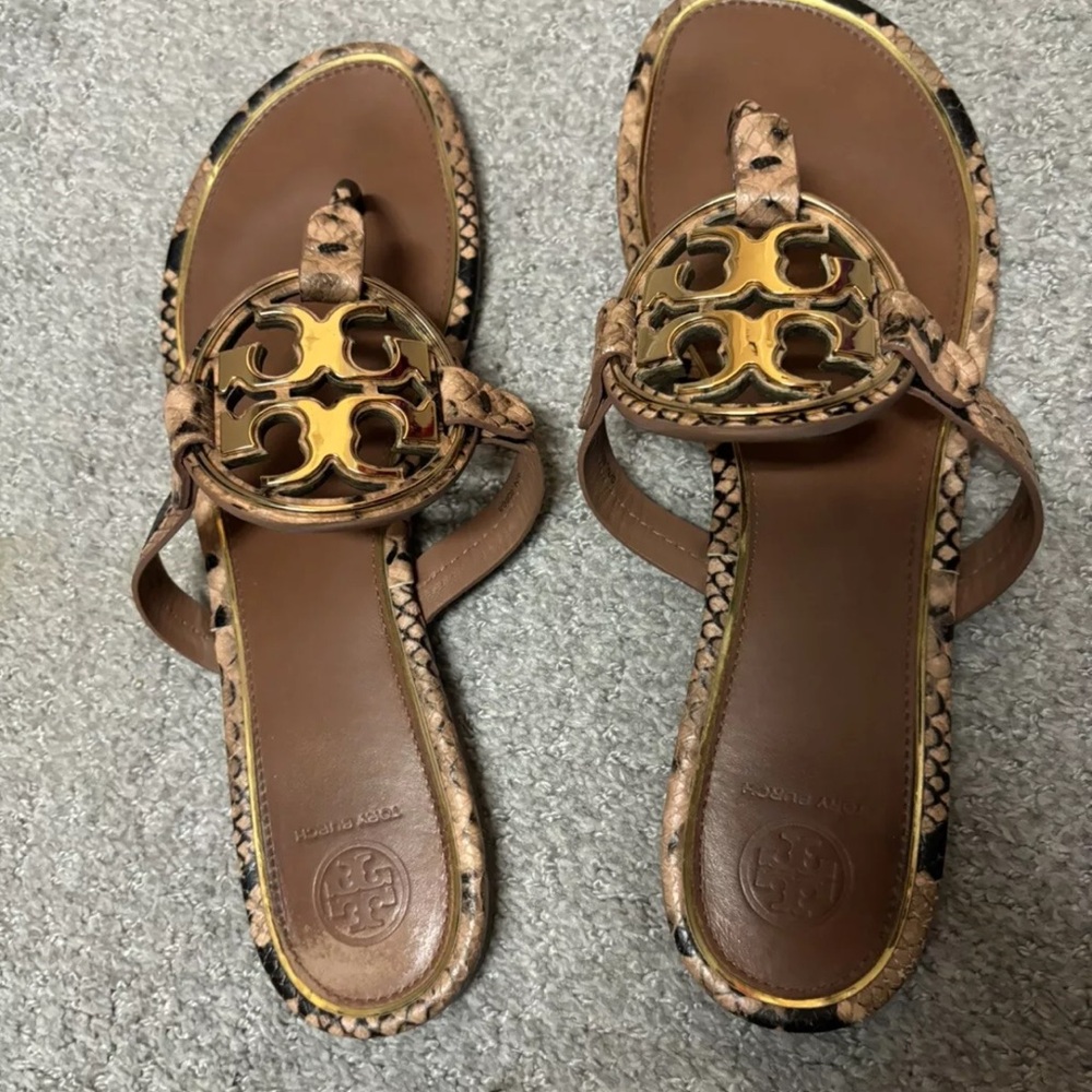 TORY BURCH Miller Pink Brown Snakeskin Leather Brass Thong Sandal Size 10
